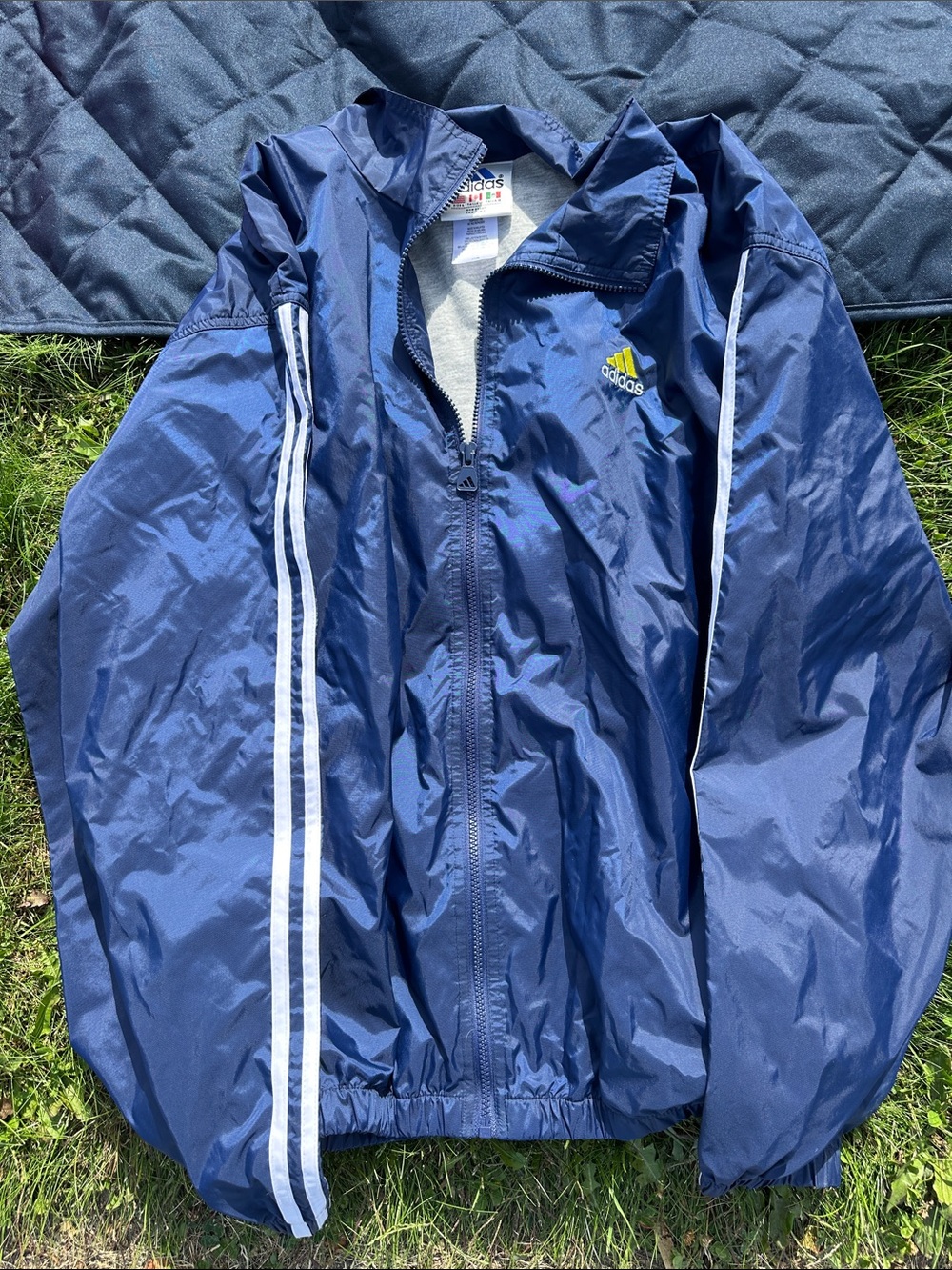 adidas Navy Blue Rain Jacket with White Stripe Accents